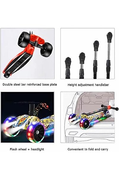 PORKY Foldable Scooter with Lighted Wheels, 3 Wheels, Adjustable Height 62-80 cm, Multicolor