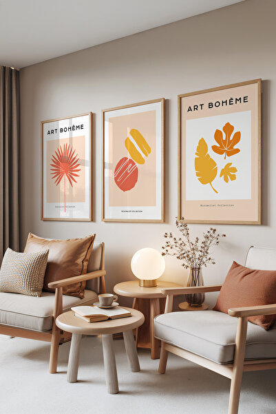 Zestia Σετ 3 πινάκων με ξύλινο πλαίσιο, Μοντέρνο Boho Μινιμαλιστικό – Σετ Σαλ...