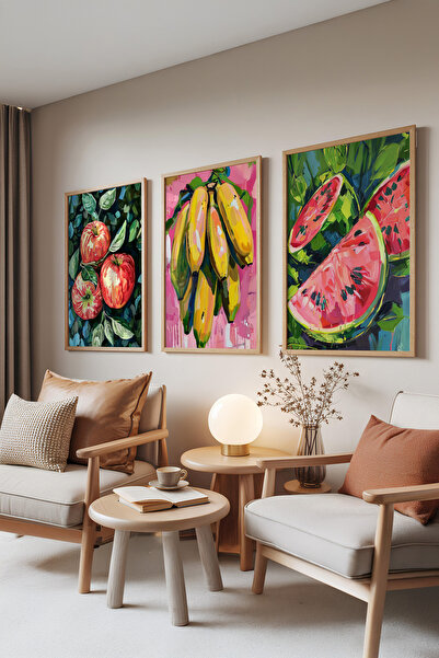 Zestia Set de 3 tablouri cu rame din lemn, ilustrație modernă cu fructe – Set...