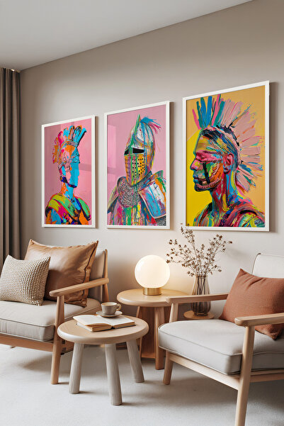 Zestia Set de 3 tablouri cu ramă albă, Războinici colorați – Expresie modernă...