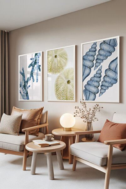 Zestia Set de 3 tablouri cu ramă albă, Colecția Marine, – Albastru moale, ver...