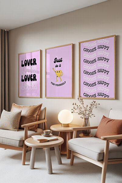 Zestia Set de 3 tablouri cu rame din lemn, Happy Vibes – Tipografie roz, Set ...