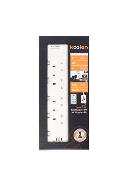Koolen توصيلة كهربائية من كولن 4 منافذ مع كابل 3 متر ومنفذي Type-C