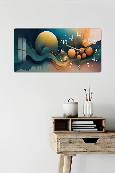 kutuTR 3D Görünümlü 2D UV Baskı Yatay Temperli Cam Saat Tablo – Soyut Güneş ve Dalgalar – 60x30 cm-YSG025