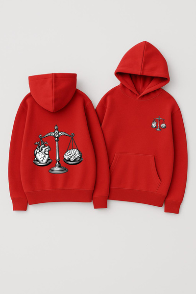 CLASSY.MODA Unisex Hooded Oversized Printed Sweatshirt – Heart Brain Scales Balance Illustration Back Print