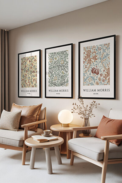 Zestia Set de 3 tablouri cu ramă neagră, modele William Morris – Stil floral,...