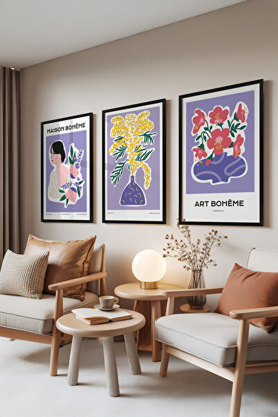 Zestia Set de 3 tablouri cu ramă neagră, design floral și portret în stil boe...