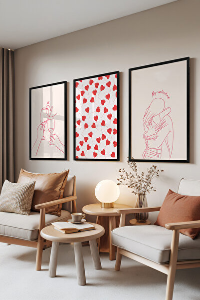 Zestia Set de 3 tablouri cu ramă neagră, Love & Minimal Drawing – Set modern ...