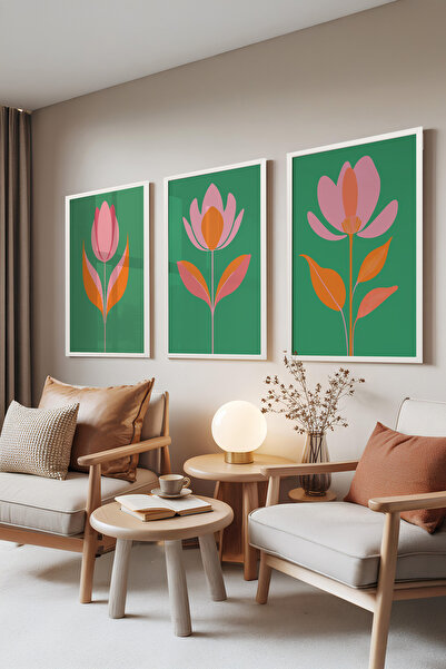 Zestia Λευκό Πλαίσιο με Σετ 3 Πινάκων, Εικονογράφηση Λουλουδιών – Πράσινο Ροζ...