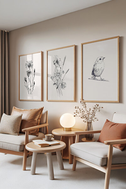 Zestia Set de 3 tablouri cu rame din lemn, schiță florală – detaliu cu pasăre...