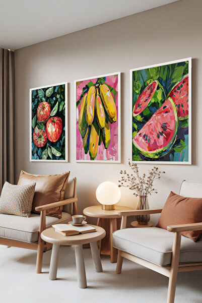Zestia Set de 3 tablouri cu ramă albă, ilustrație modernă cu fructe – Set de ...