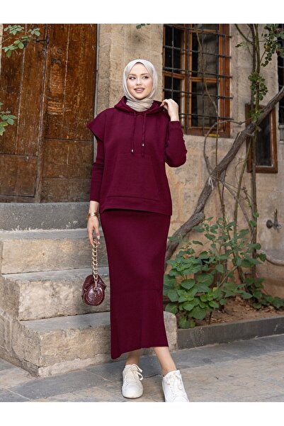 asyadabutik Women's Hooded Crop Sweat Pencil Dress Two-Piece Knitwear Set