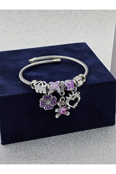 Mosso Steel Purple Colored Steel Bracelet with Charm Teddy Bear and Heart