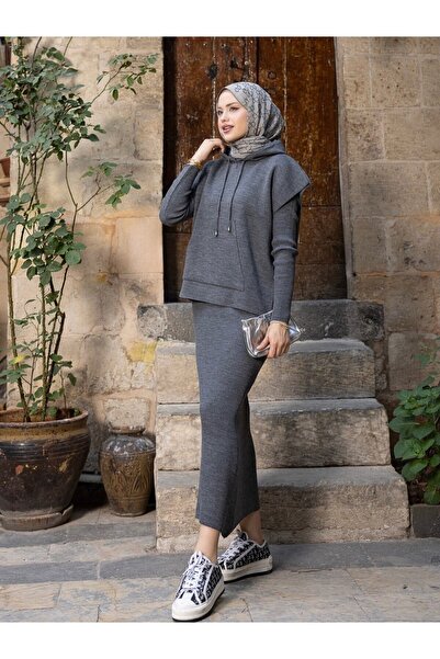 asyadabutik Women's Hooded Crop Sweat Pencil Dress Two-Piece Knitwear Set