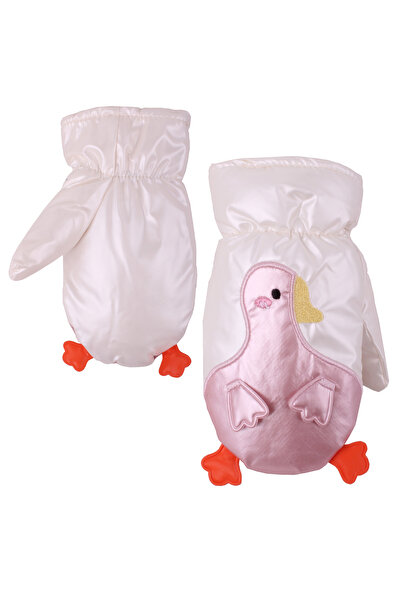 İşnar Parmaksız Çocuk Kar Eldiven 2-4 Yaş Beyaz Kaz Desenli Model 00516