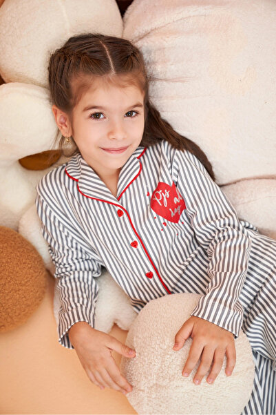 PJS 28065 Gray Patterned Buttoned Girls' Pajama Set