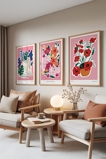 Zestia Set de 3 tablouri cu rame din lemn, flori moderne roz și ilustrații – ...