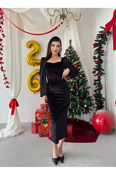 Afiş Butik Black Women's Shiny Midi Velvet Dress with Transparent Sleeves