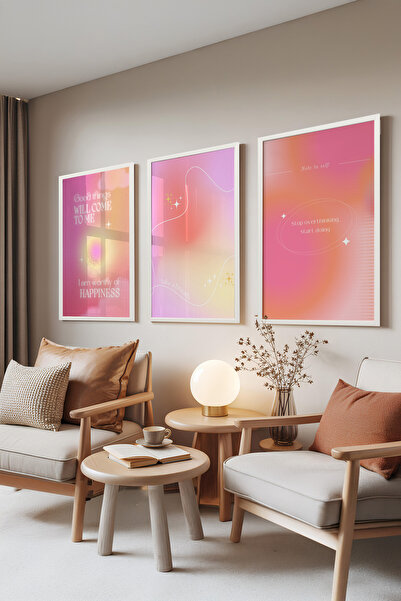 Zestia Set de 3 tablouri cu ramă albă, tipografie pastelată – tonuri de roz, ...