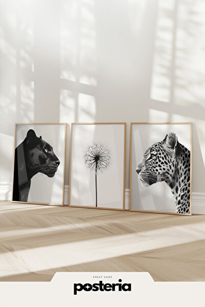 Posteria 3'lü Siyah Beyaz Oturma Odası Duvar Dekoru, Çita, Jaguar Duvar Dekor...