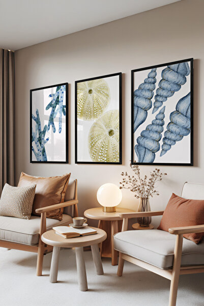 Zestia Set de 3 tablouri cu ramă neagră, Colecția Marine – Albastru deschis, ...