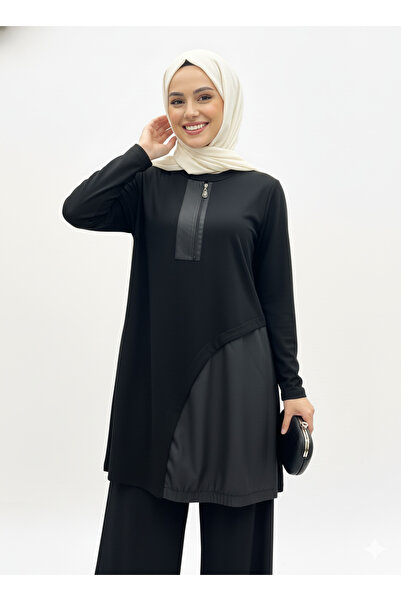 CELTMODA Women's Leather Zipper Detailed Hijab Double Set - Black