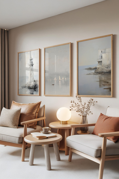 Zestia Set de 3 tablouri cu rame din lemn, Farul – Peisaj delicat, Set pentru...