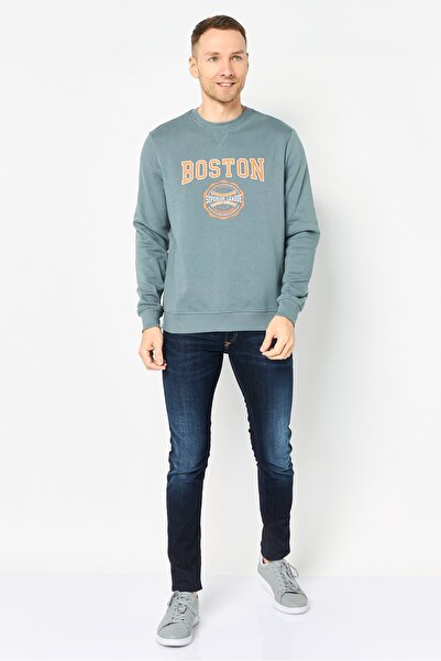 Threadbare Men Ribbed Neck Graphic Print Long Sleeve Sweatshirt, Sage Green