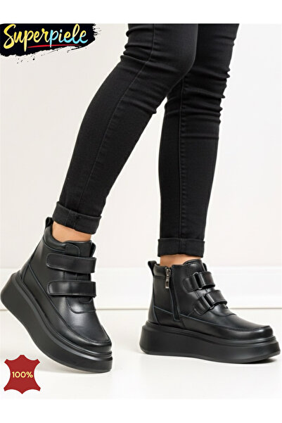 piele naturala Women's black leather boots without laces