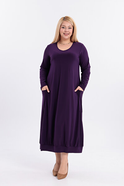 HELVEYS Stylish & Elegant Long Length Stretch Fabric Stretchy Sendy Fabric Square Pocket Long Sleeve Crew Neck Dress 5031