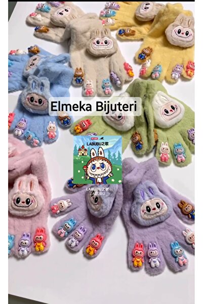 ELMEKA Cocuk Labubu Karakter Figürlü Pelus Triko Eldiven 4-10 Yas Mavi