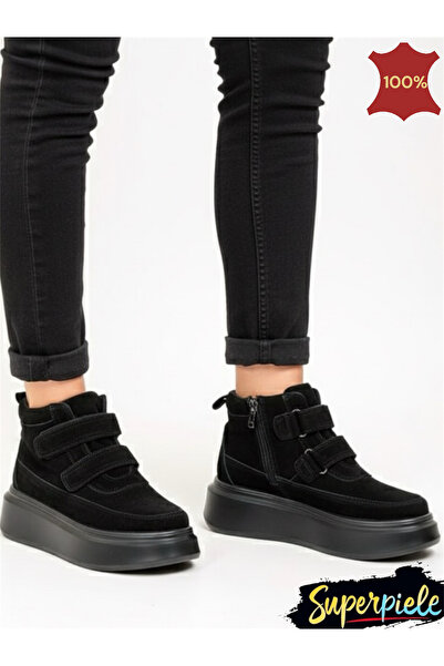 piele naturala Women's black suede leather boots with thick sole