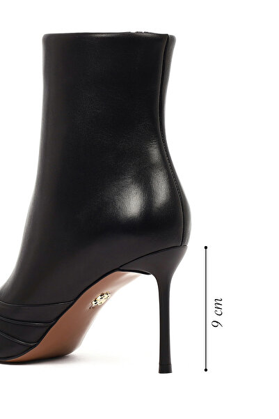 Derimod Women's Black Zippered Thin Heeled Leather Boots 25Wfd101318