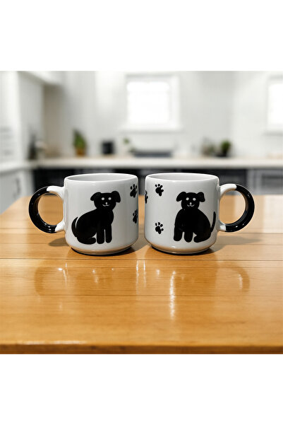 ADEN LİNA ART WORKSHOP 2 Pieces of Handmade Ceramic Mug with Dog Pattern