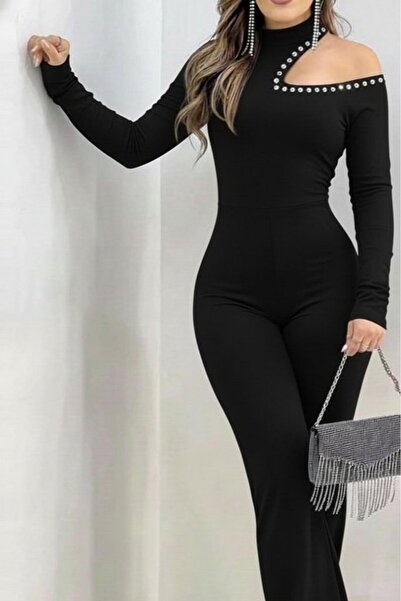 JANES Women's One-Shoulder Open Turtleneck Stone Detailed Long Imported Crepe Jumpsuit