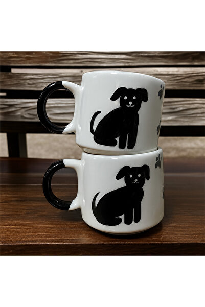 ADEN LİNA ART WORKSHOP 2 Pieces of Handmade Ceramic Mug with Dog Pattern