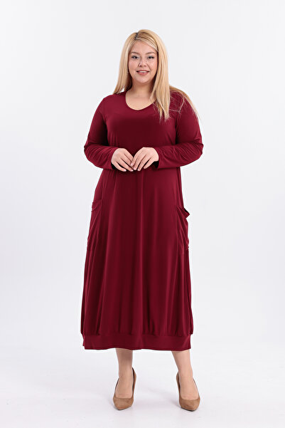 HELVEYS فستان أنيق وراقي طويل الطول قماش قابل للتمدد من قماش سيندي المرن بجيب مربع وأكمام طويلة وياقة دائرية 5031