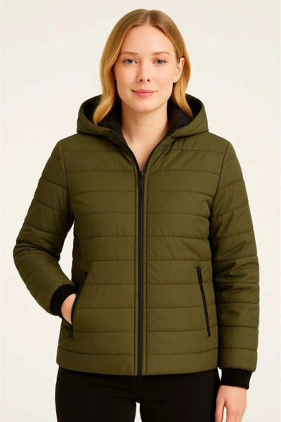 KentselBazaar Inflatable Hooded Zippered Jacket Water Repellent Quilted Lining Fabric Pocket Winter Comfortable Fit - Khaki