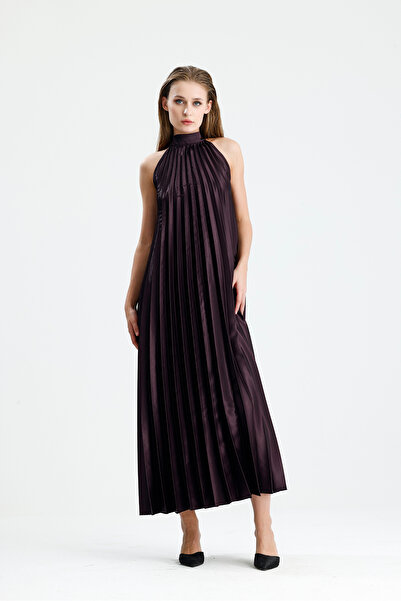 Sense High Neck Pleated Detail Satin Maxi Dress | Elb34513 Murdum
