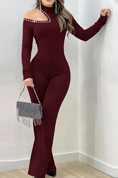 JANES Women's One-Shoulder Open Turtleneck Stone Detailed Long Imported Crepe Jumpsuit