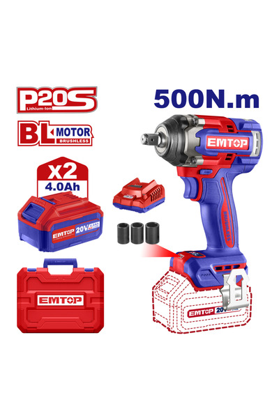 EMTOP Bormașină De Impact Și Înșurubat Cu 2 Acumulatori 4.0 Ah, Motor Fără Pe...