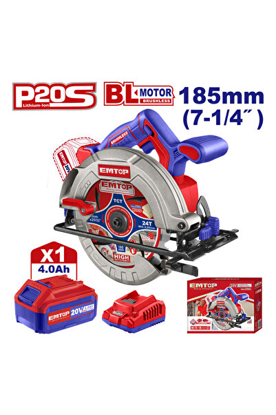 EMTOP Fierăstrău Circular Cu 1 Acumulator 4.0 Ah, Motor Fără Perii, 185 Mm