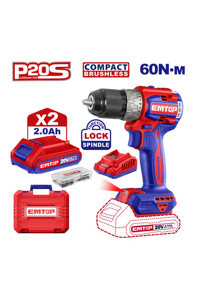 EMTOP Mașină De Găurit Și Înșurubat Cu 2 Acumulatori 2.0 Ah, Motor Fără Perii...