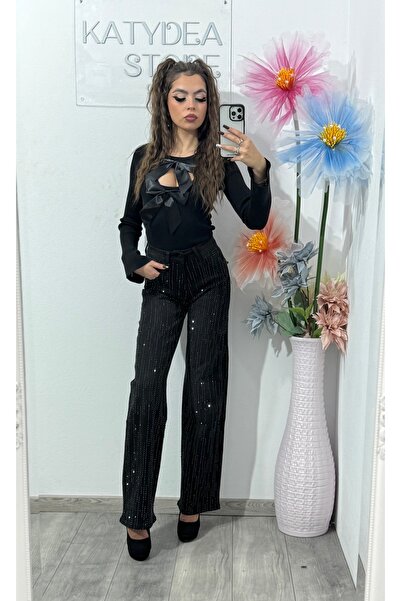KATYDEA STORE Black Wide-Leg Jeans with Crystal Appliqués - Sorina