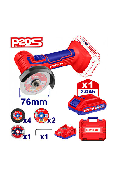 EMTOP Mini Polizor Unghiular ELAG76017, 20V, 76mm, cu 1 Acumulator 2.0Ah și 7...