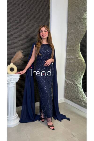 TREND Hand-Embellished Evening Dress with Long Sleeves (Navy)
