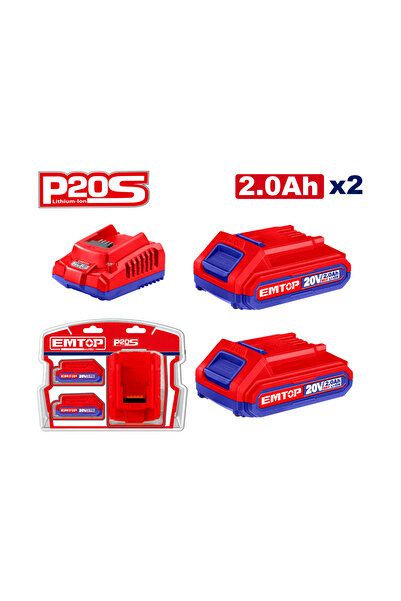 EMTOP Set of 2 x 2.0Ah Batteries + Fast Charger, P20S, 20V, Lithium-Ion