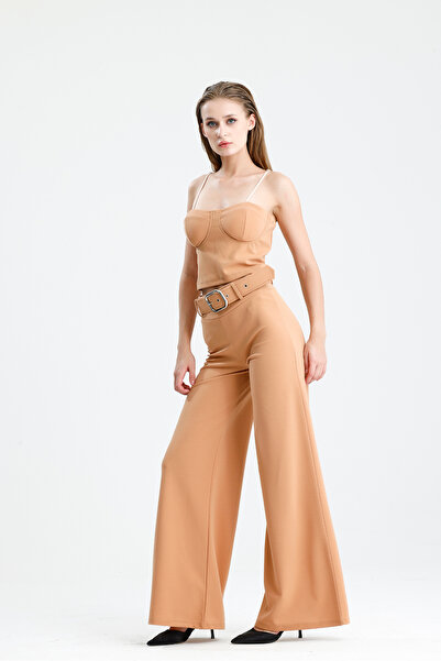 Sense Flared Scuba Crepe Trousers with Fabric Covered Belt on the Sides |   Pnt33393 Biscuits