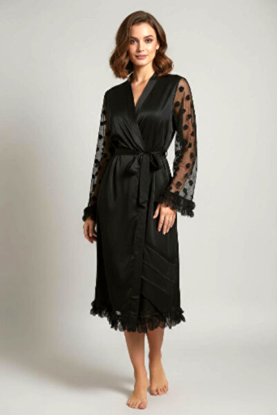 Star Fashion Women's satin robe, with veil sleeves and flower petal applications, very elegant