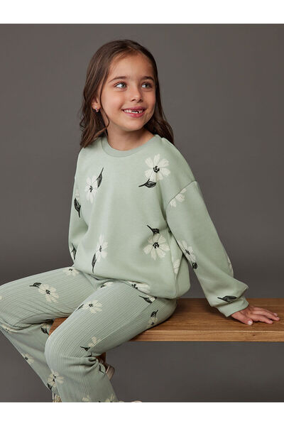 LC Waikiki Green Floral Girl's Sweatshirt and Leggings Pants 2-Piece